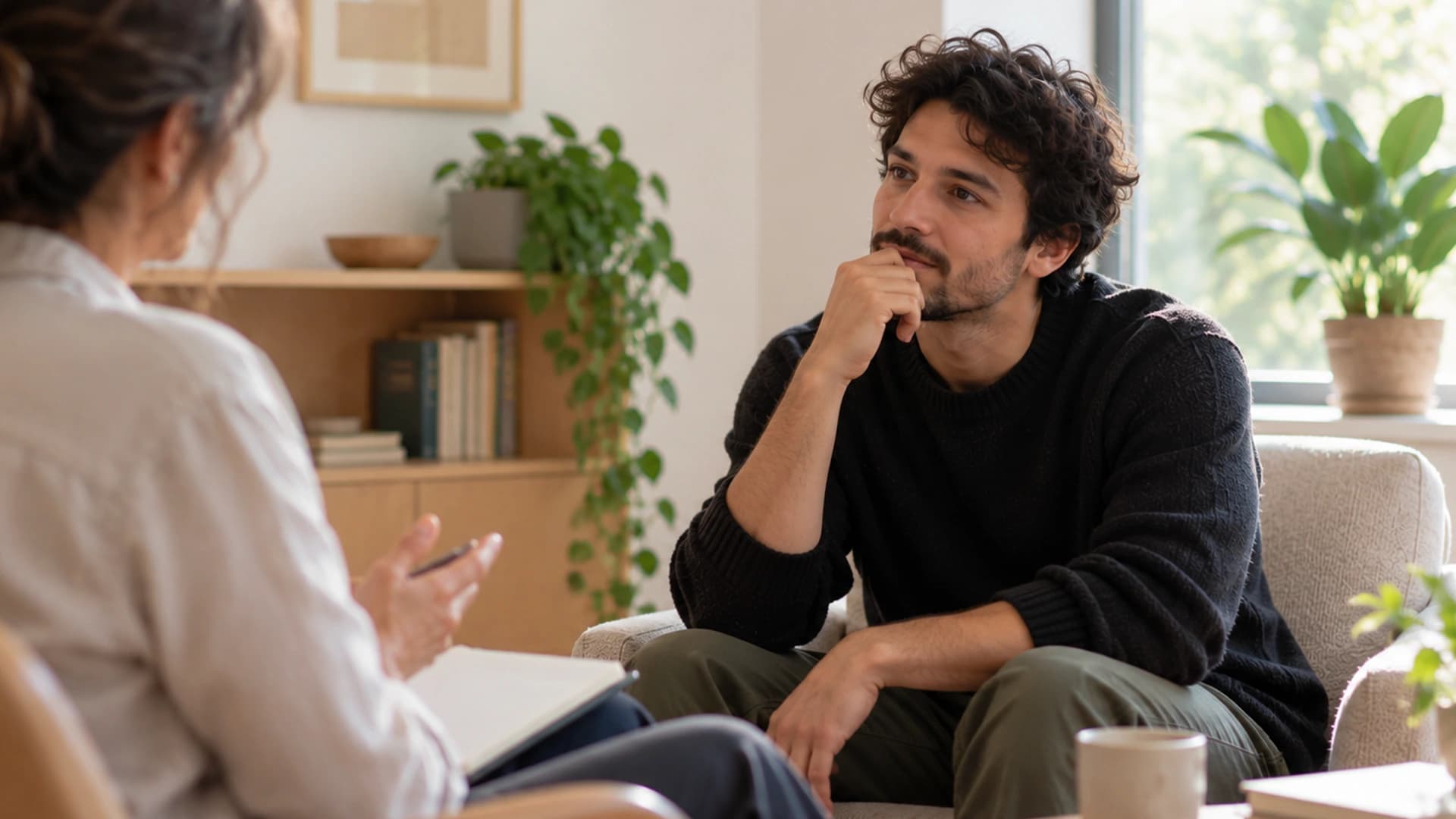Homem a conversar numa consulta de orientação vocacional