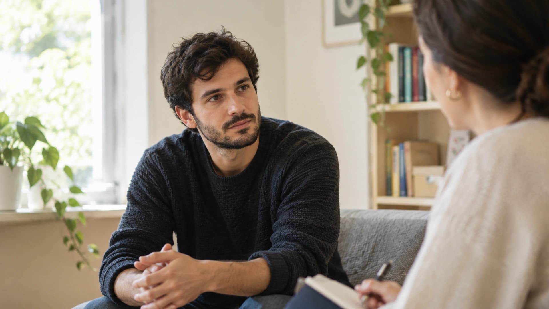 Adulto a conversar com uma profissional em consulta