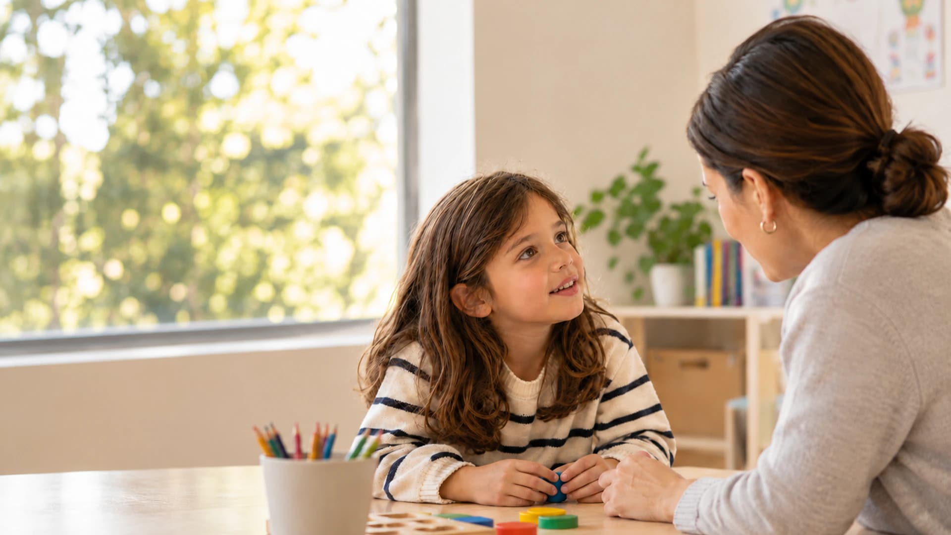 Criança a conversar com uma profissional em consulta